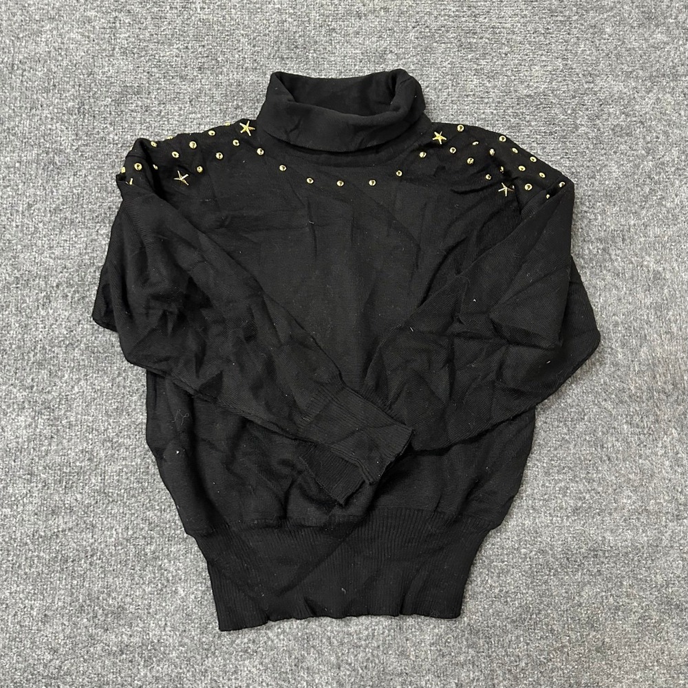 Meister Turtleneck Sweater Womens Size M Black Wool Blend Gold Stud Star Vintage